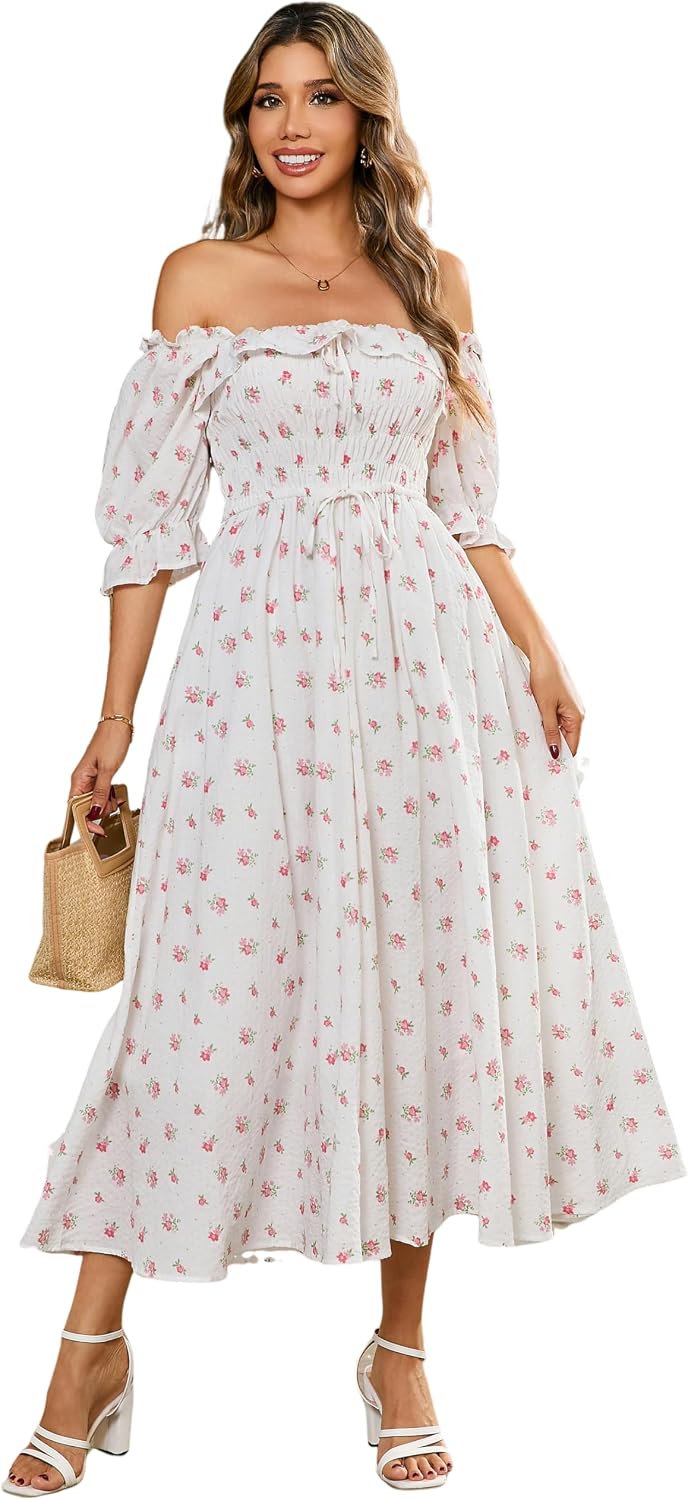R.Vivimos Women Summer Cotton A Line Flowy Long Dresses | Half Sleeve, Ruffled, Vintage Elegant, Smocked Backless Dress, Maternity Shoot, Baby Shower, Casual Vacation Outfits