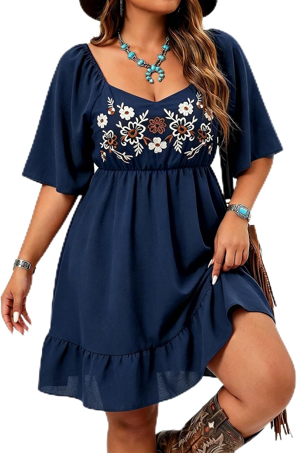 UpFind Western Flowy Boho Embroidered Dress Country Concert Cowgirl Outfits | Ruffle, A Line, Midi, Summer, Casual, Above the Knee, Short Dress, 9 types of patterns, Vacations, Festivals, Weddings