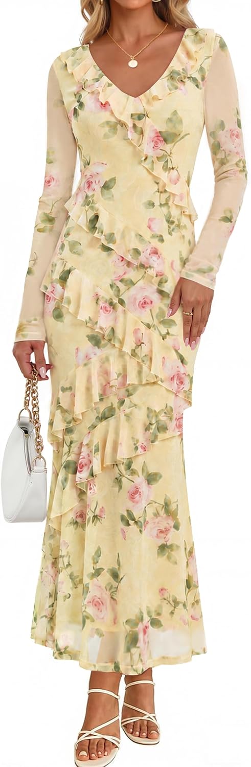 ZESICA Wedding Guest Dresses for Women Fall Long Sleeve Floral Maxi Dress | 2026 Early Fall Fashion, Bodycon, V Neck, Mesh Fabric, Tiered Ruffle, Boho Long Dress, Baby Shower, Cocktail, Bridal Dress