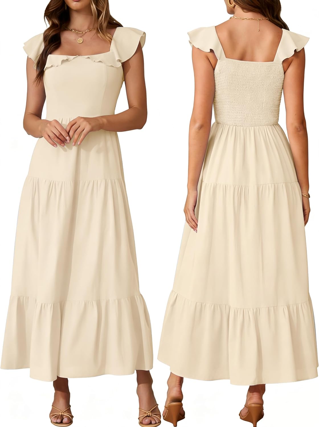 AUMORA Womens Summer Sleeveless Maxi Dress Square Neck | Smocked Backless, Ruffle Boho Flowy, A-Line Beach Dress, Vacation Resort Wear Outfits