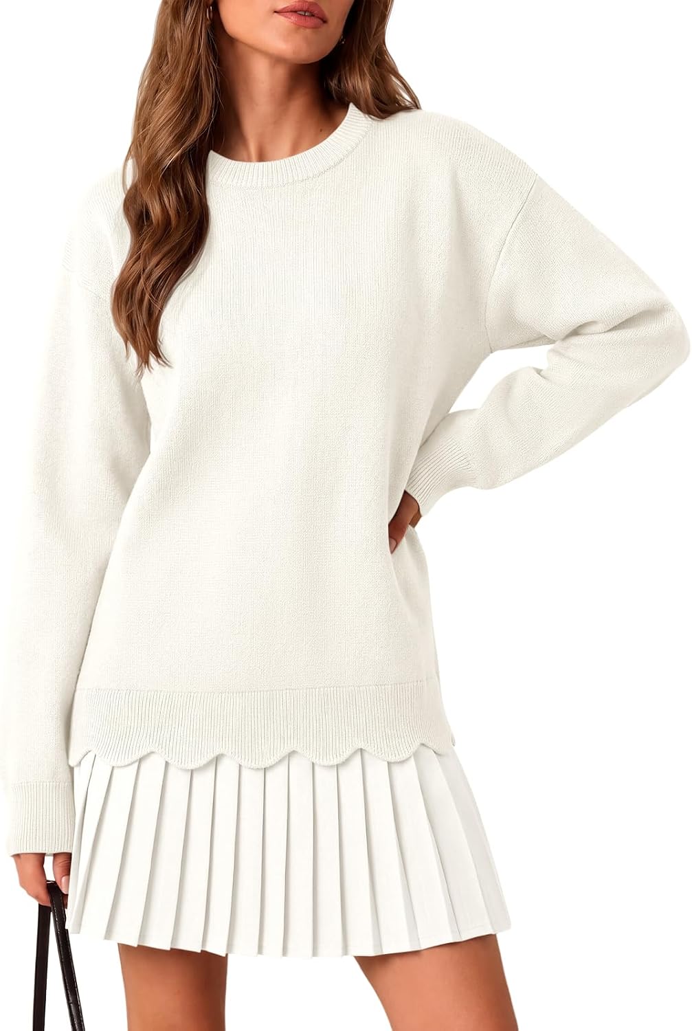 Saodimallsu Womens Pleated Sweater Dress Long Sleeve Crewneck Trendy Cute Loose Knit Fall Mini Dresses
