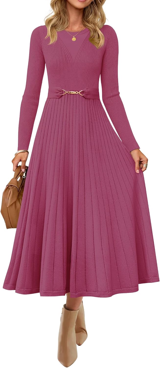 ZESICA Womens Fall Long Sleeve Pleated Midi Sweater Dresses | 2026 Fall Winter Clothes, Crewneck, Soft Knit Fabric, Removable Belted Waist, High Waist, Flowy A Line, Wedding Guest Dresses
