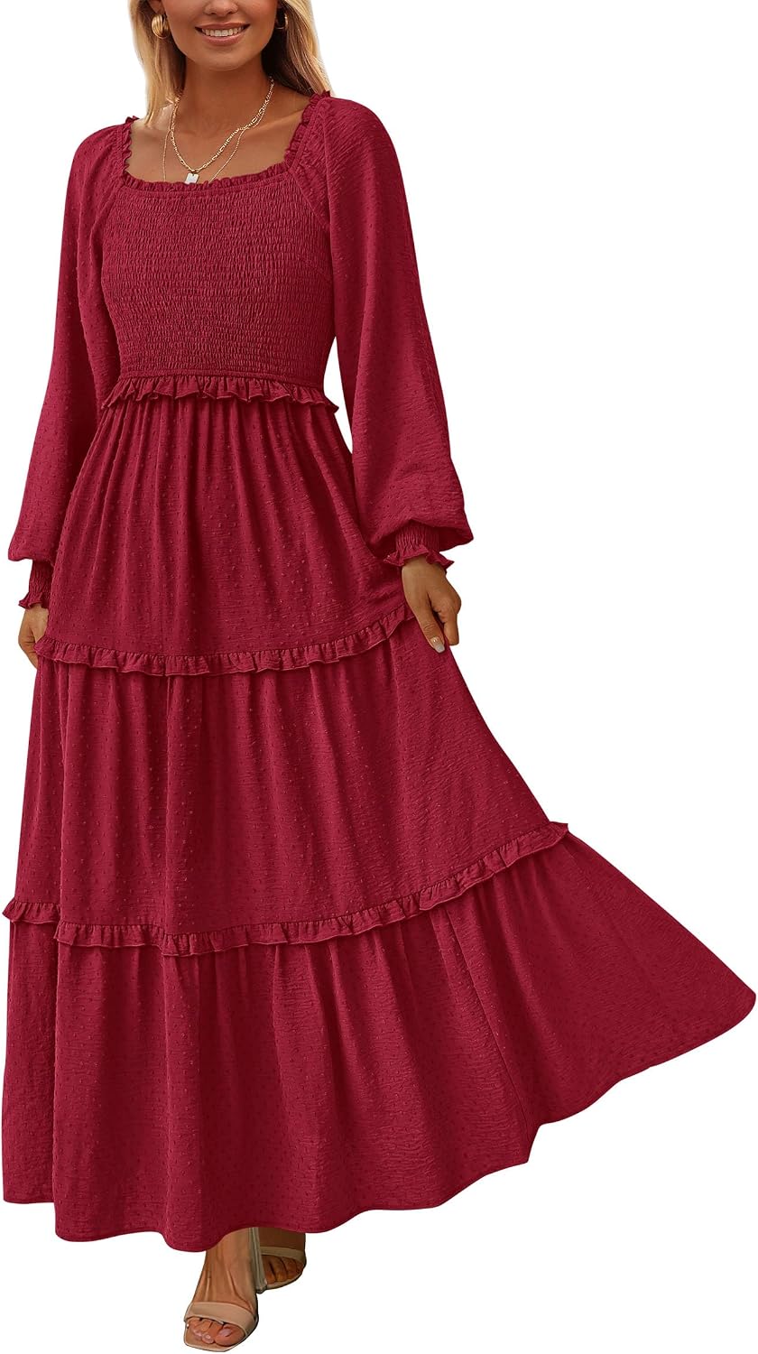 PRETTYGARDEN Women's Smocked Long Sleeve Maxi Dress Wedding Guest Dresses | Elegant Fall Vacation Outfits, Square Neck Swiss Dot, High Waist Tiered Ruffle, Pockets, Flowy Boho Spring Party Clothes