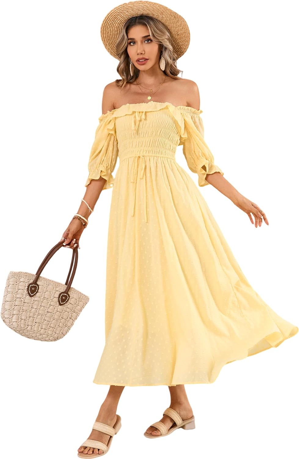 R.Vivimos Women Summer Cotton A Line Flowy Long Dresses | Half Sleeve, Ruffled, Vintage Elegant, Smocked Backless Dress, Maternity Shoot, Baby Shower, Casual Vacation Outfits