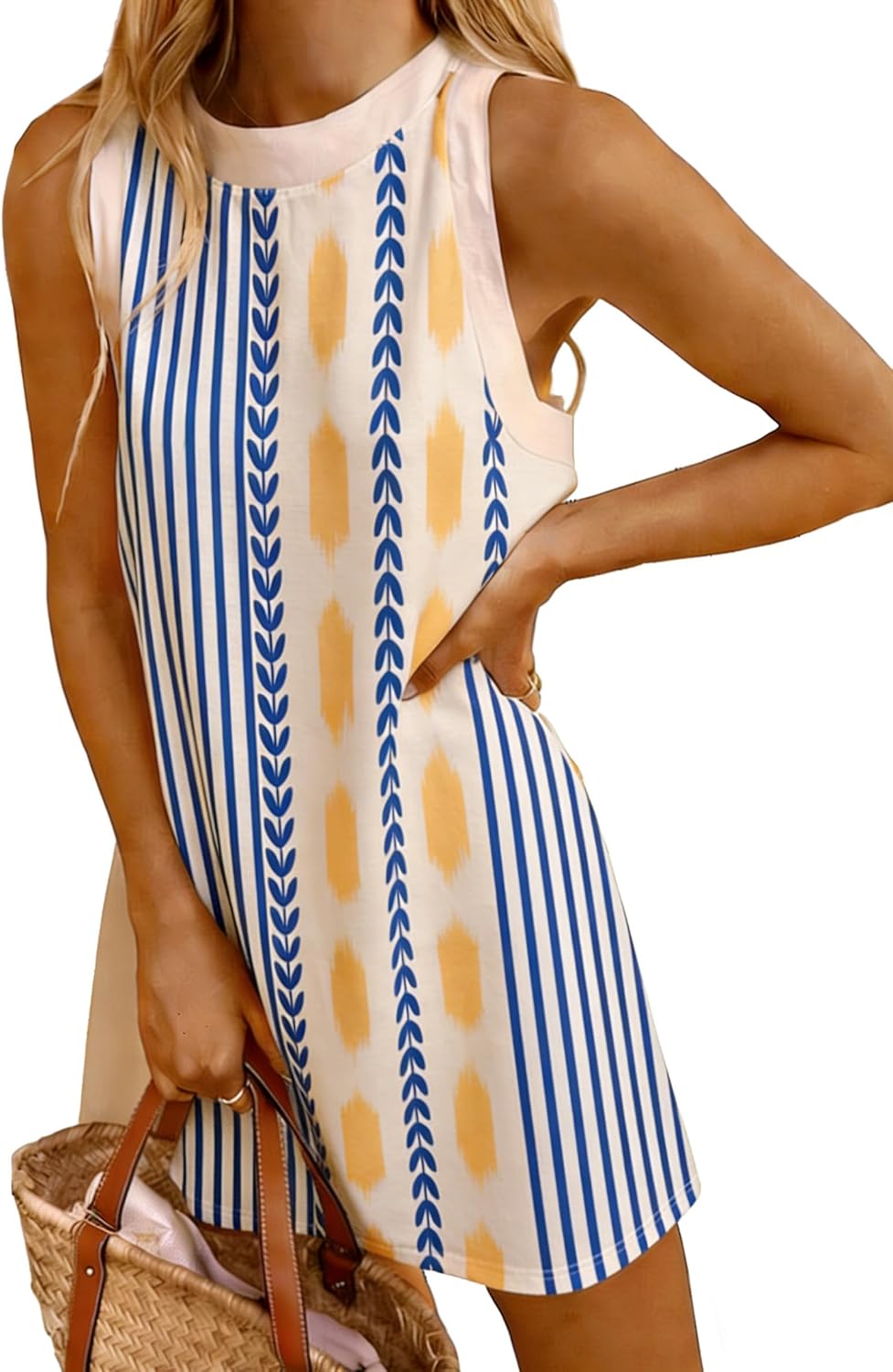 LOVESHOOT Womens Tank Dresses Summer Casual Mini Sleeveless Crew Neck Novelty Floral Printed Sundress Loose A Line Dress