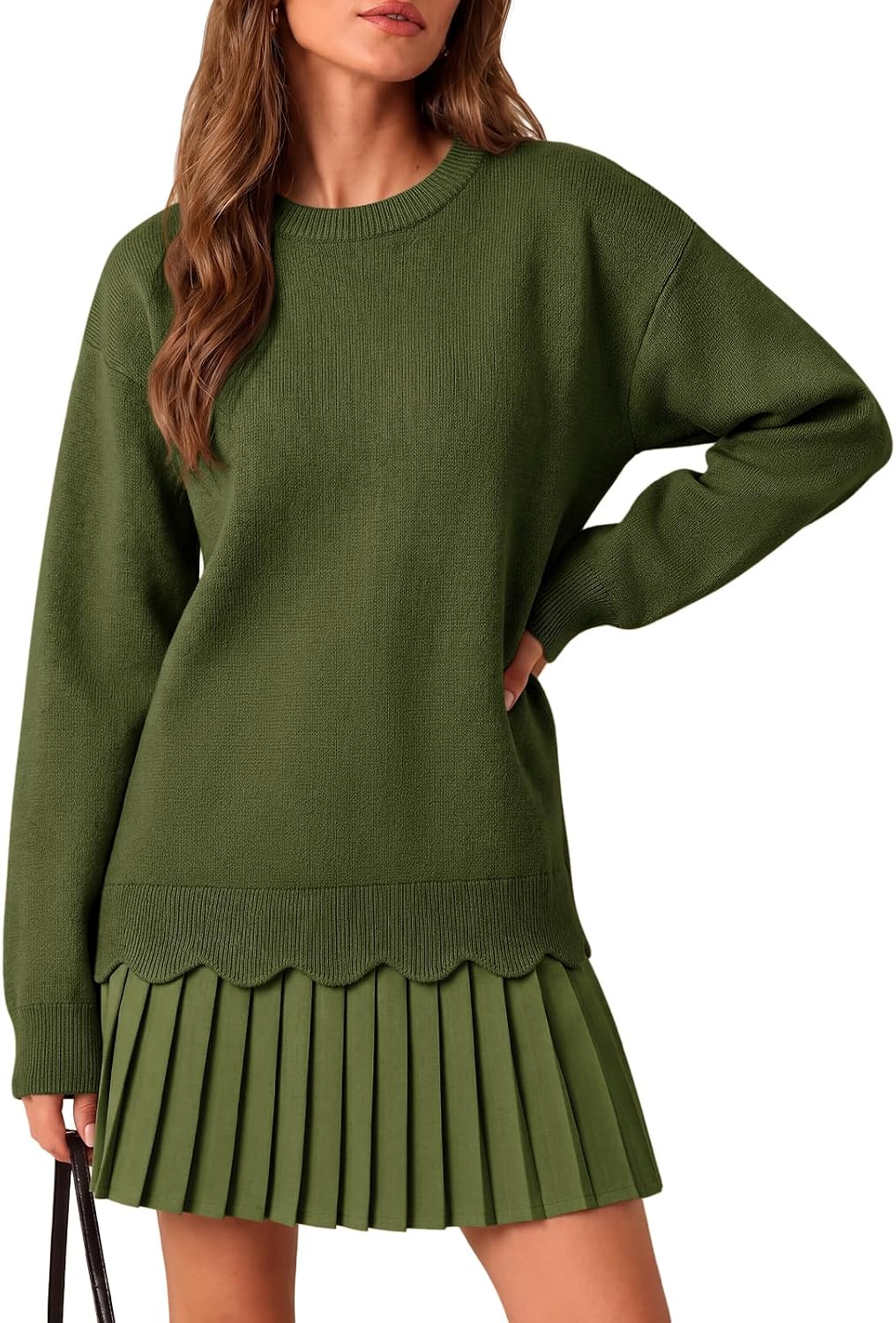 Saodimallsu Womens Pleated Sweater Dress Long Sleeve Crewneck Trendy Cute Loose Knit Fall Mini Dresses