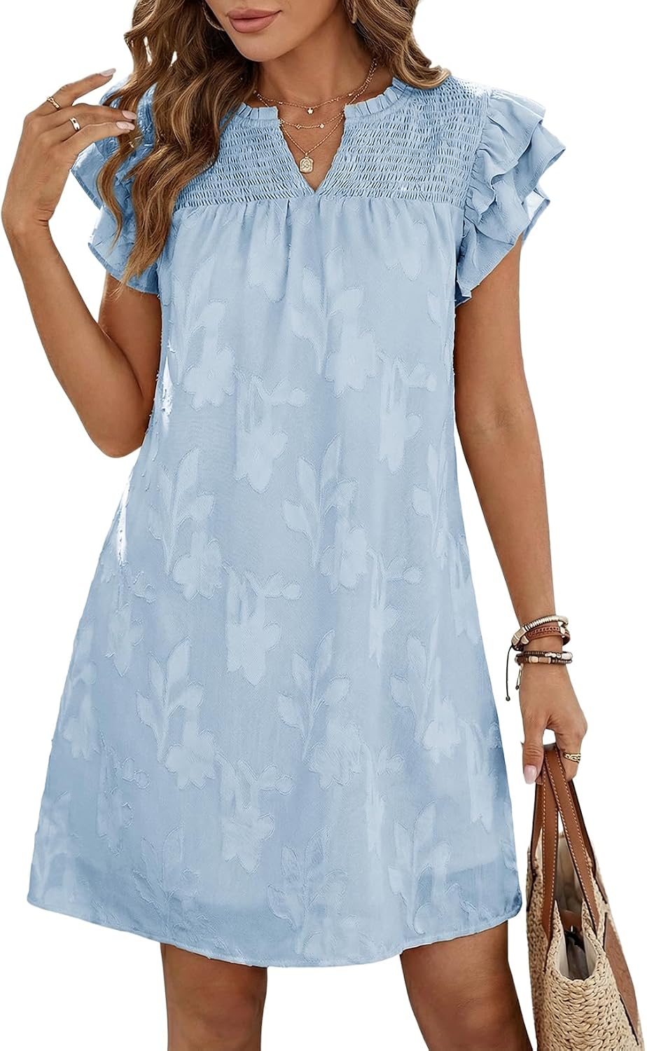 Dokotoo Womens Summer Dresses 2026 Ruffle Short Sleeve Casual V Neck Smocked Floral Burnout Mini Dress Sundress