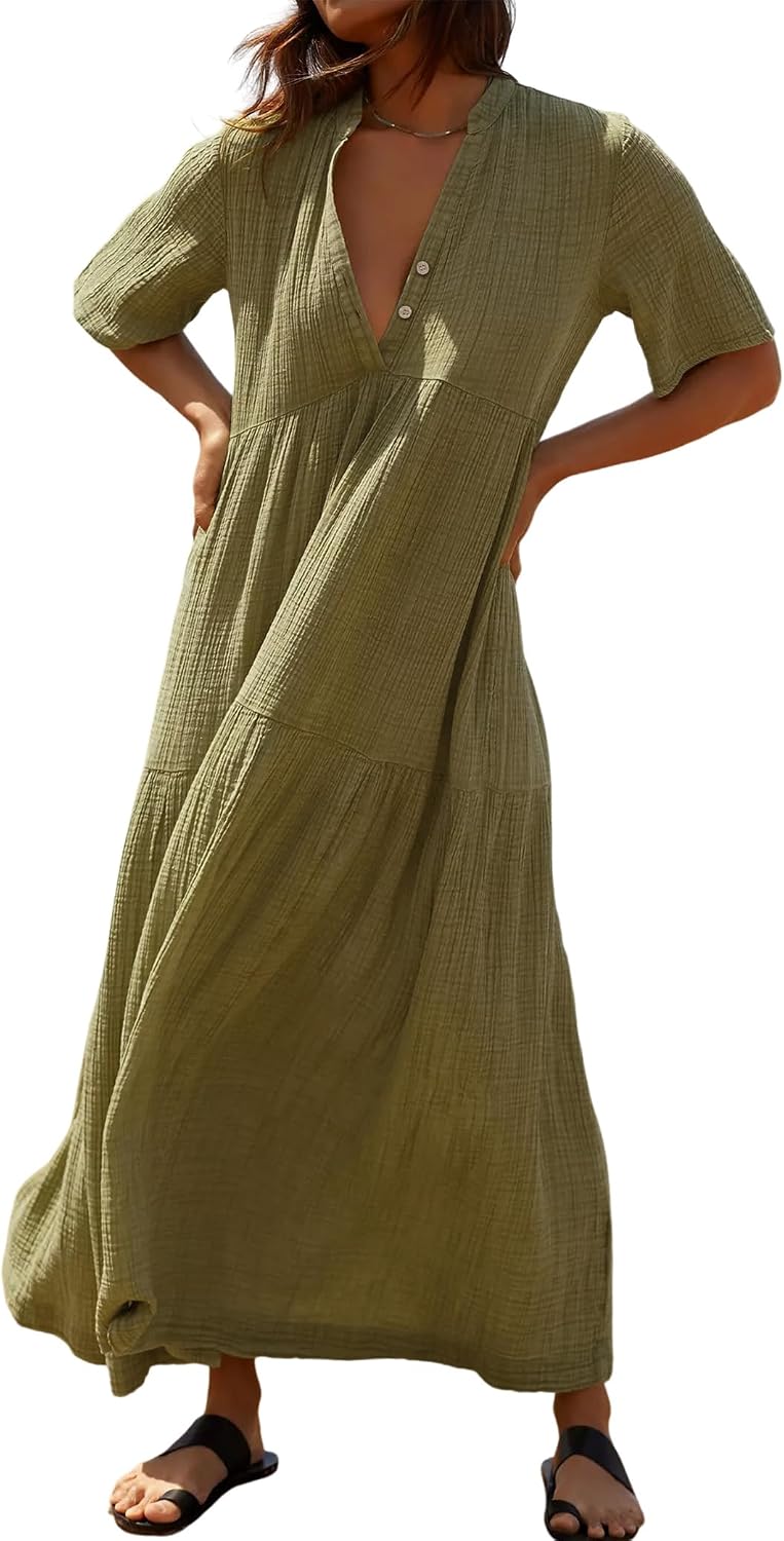 R.Vivimos Womens Summer Cotton Casual Flowy Maxi Dress | Short Sleeve, V Neck, Empire Waist, Boho Tiered Ruffle, Beach Vacation Loose Long Dresses