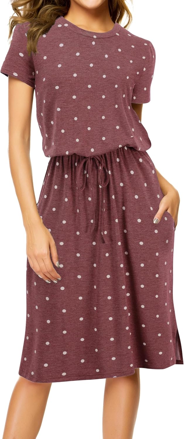 Simier Fariry Womens Summer Hide Belly Knee Length Travel Dress Pocket Short Sleeve Midi Work Casual Outfits
