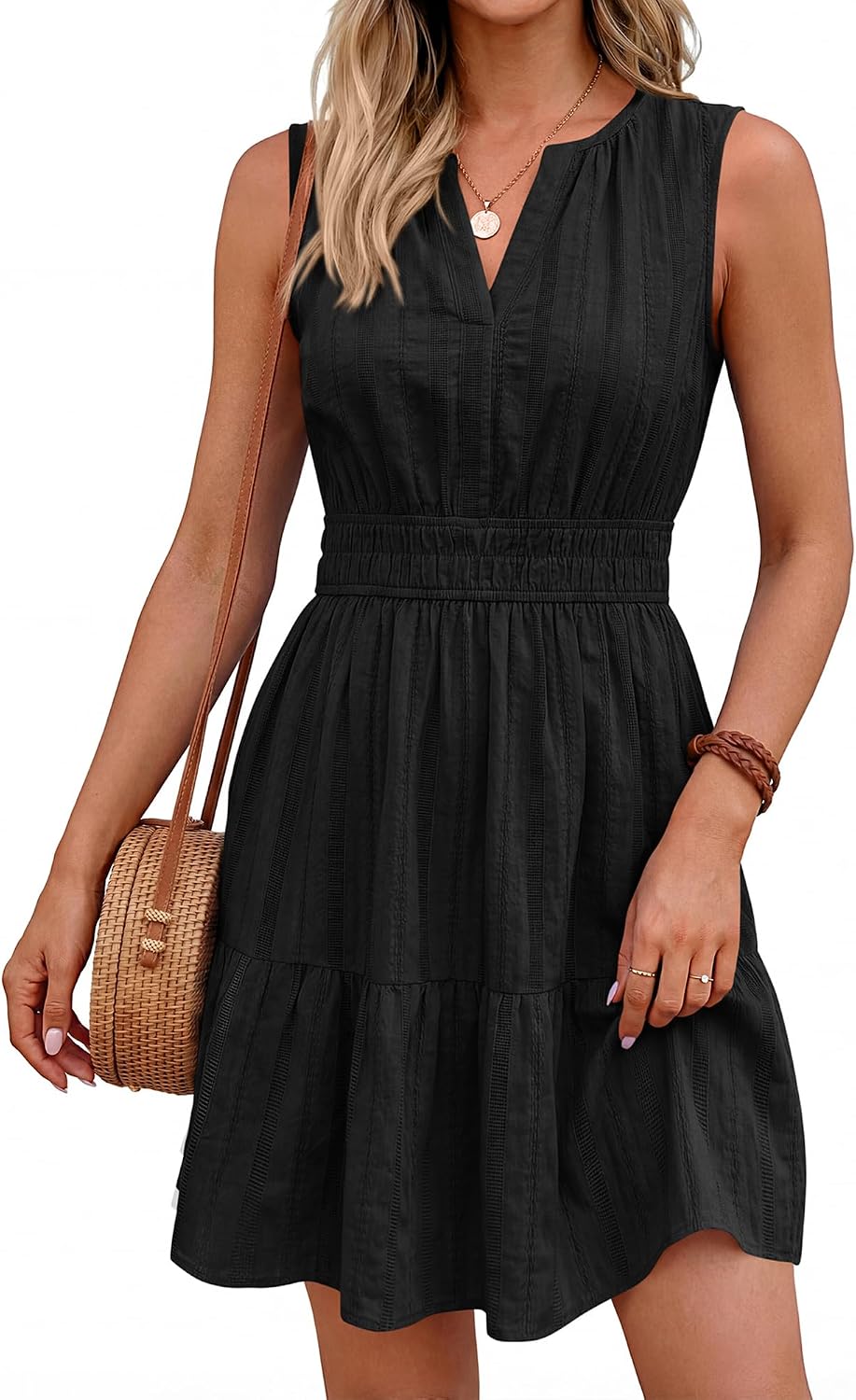 BTFBM Womens Summer 2026 Casual Mini Sundress | Lightweight Sleeveless V Neck,Elastic Waist Flowy A Line Dress,Wedding Guest Dresses Pockets,Cute Boho Beach Vacation Outfits