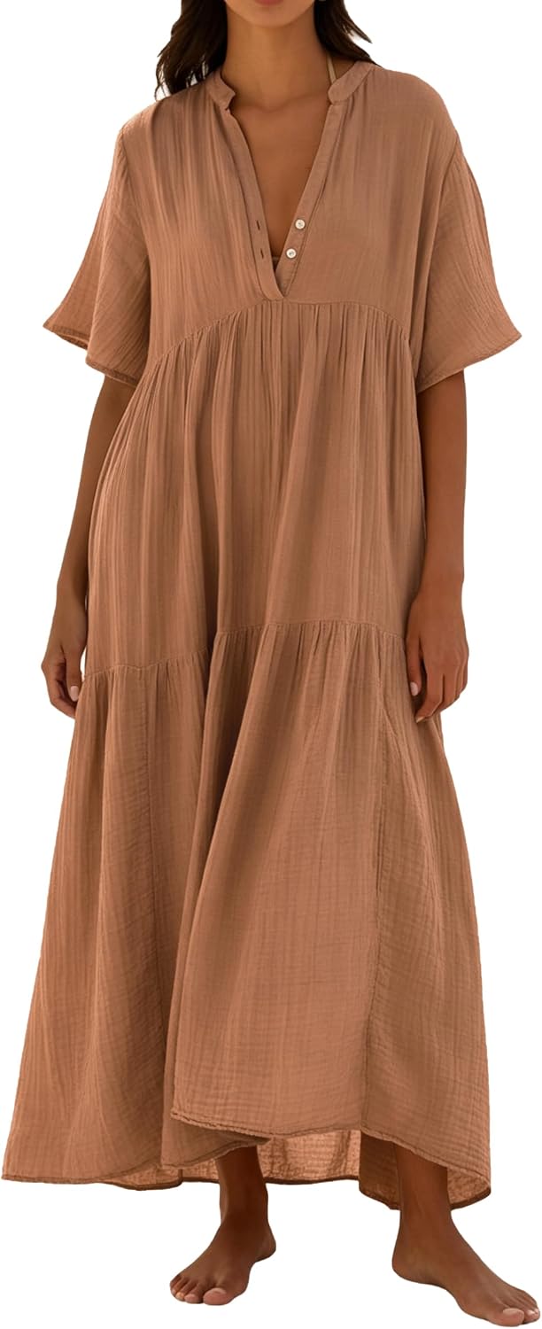 R.Vivimos Womens Summer Cotton Casual Flowy Maxi Dress | Short Sleeve, V Neck, Empire Waist, Boho Tiered Ruffle, Beach Vacation Loose Long Dresses