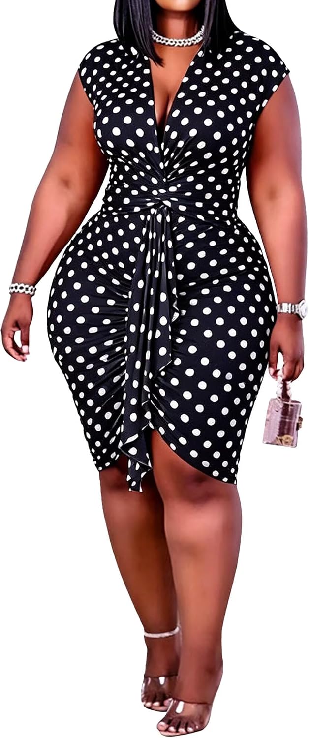 IyMoo Women's Sexy Plus Size Bodycon Drawstring Ruched Mini Club Dress | Sleeveless, Short Dress, Clubwear, Party,Night Out, Evening,Date, Brunch, Vacation, Holiday, Wedding,Homecoming,Tummy Control