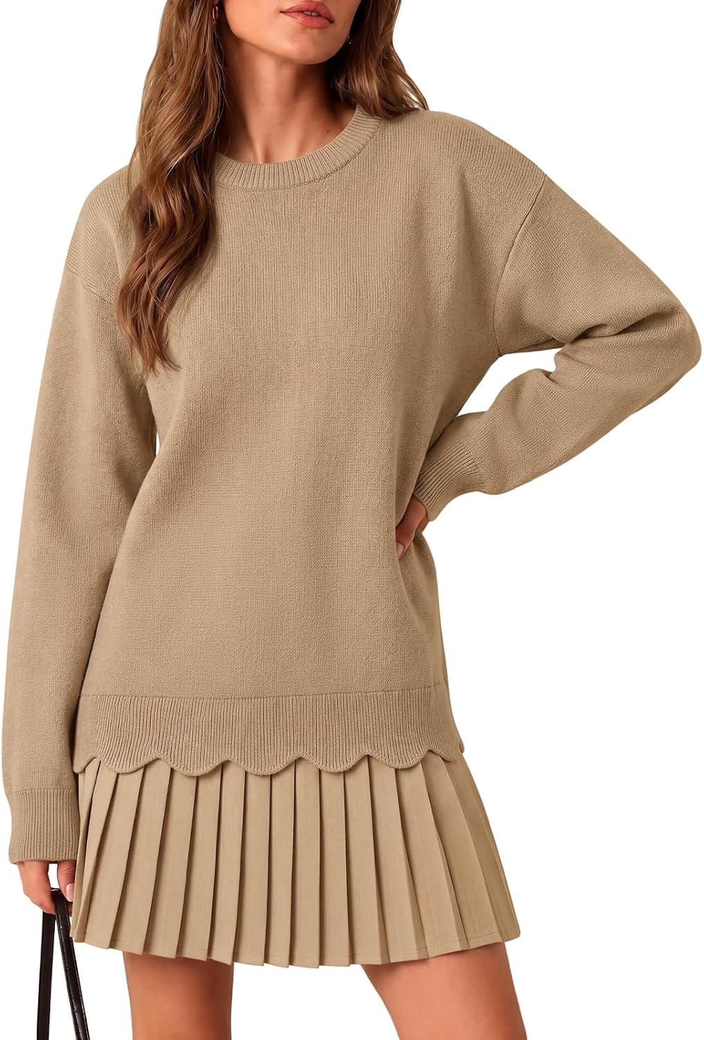 Saodimallsu Womens Pleated Sweater Dress Long Sleeve Crewneck Trendy Cute Loose Knit Fall Mini Dresses