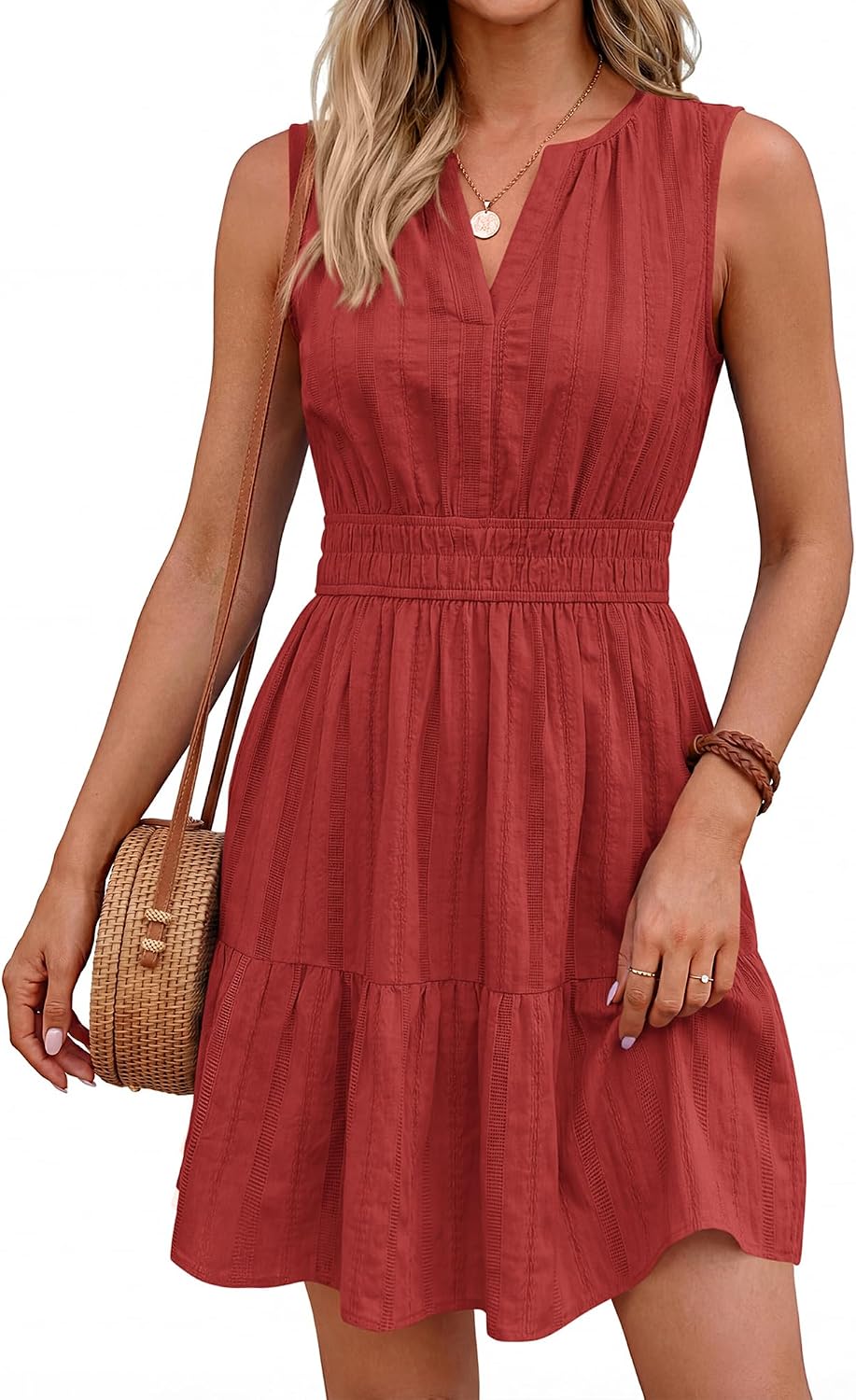 BTFBM Womens Summer 2026 Casual Mini Sundress | Lightweight Sleeveless V Neck,Elastic Waist Flowy A Line Dress,Wedding Guest Dresses Pockets,Cute Boho Beach Vacation Outfits