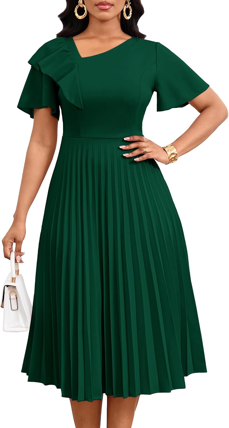 Nmoder Pleated Dress Women Ruffle Short Sleeve Church A Line Midi Dresses | Asymmetrical V-neck, back hidden zipper, drape well and stretch fabric for flattering fit, summer midi length for semi formal
