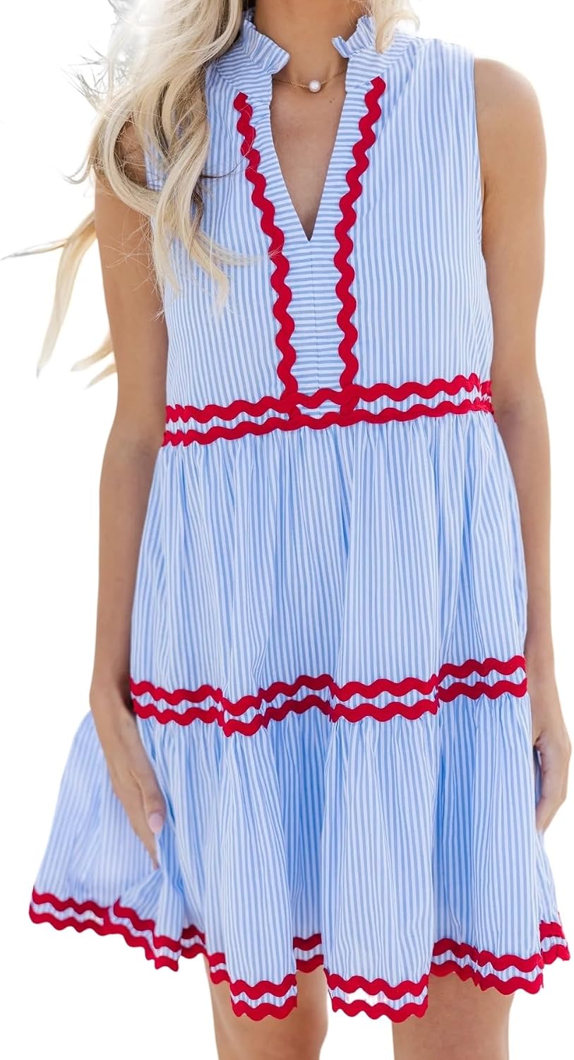 Kuraki Women's Cute Sleeveless RIC Rac Trim Tiered Striped Dress