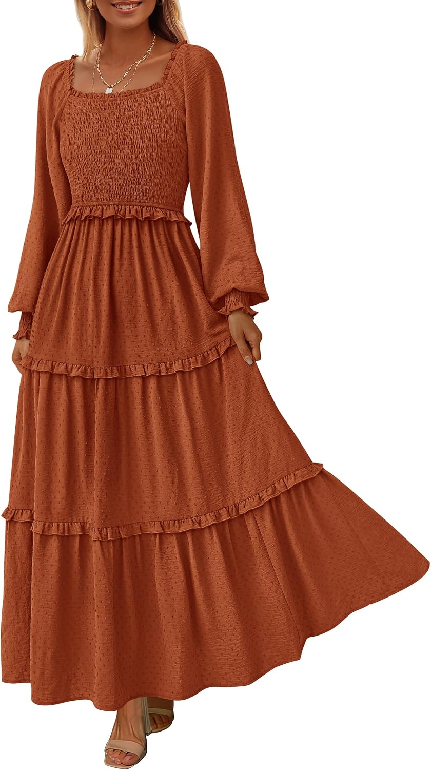 PRETTYGARDEN Women's Smocked Long Sleeve Maxi Dress Wedding Guest Dresses | Elegant Fall Vacation Outfits, Square Neck Swiss Dot, High Waist Tiered Ruffle, Pockets, Flowy Boho Spring Party Clothes