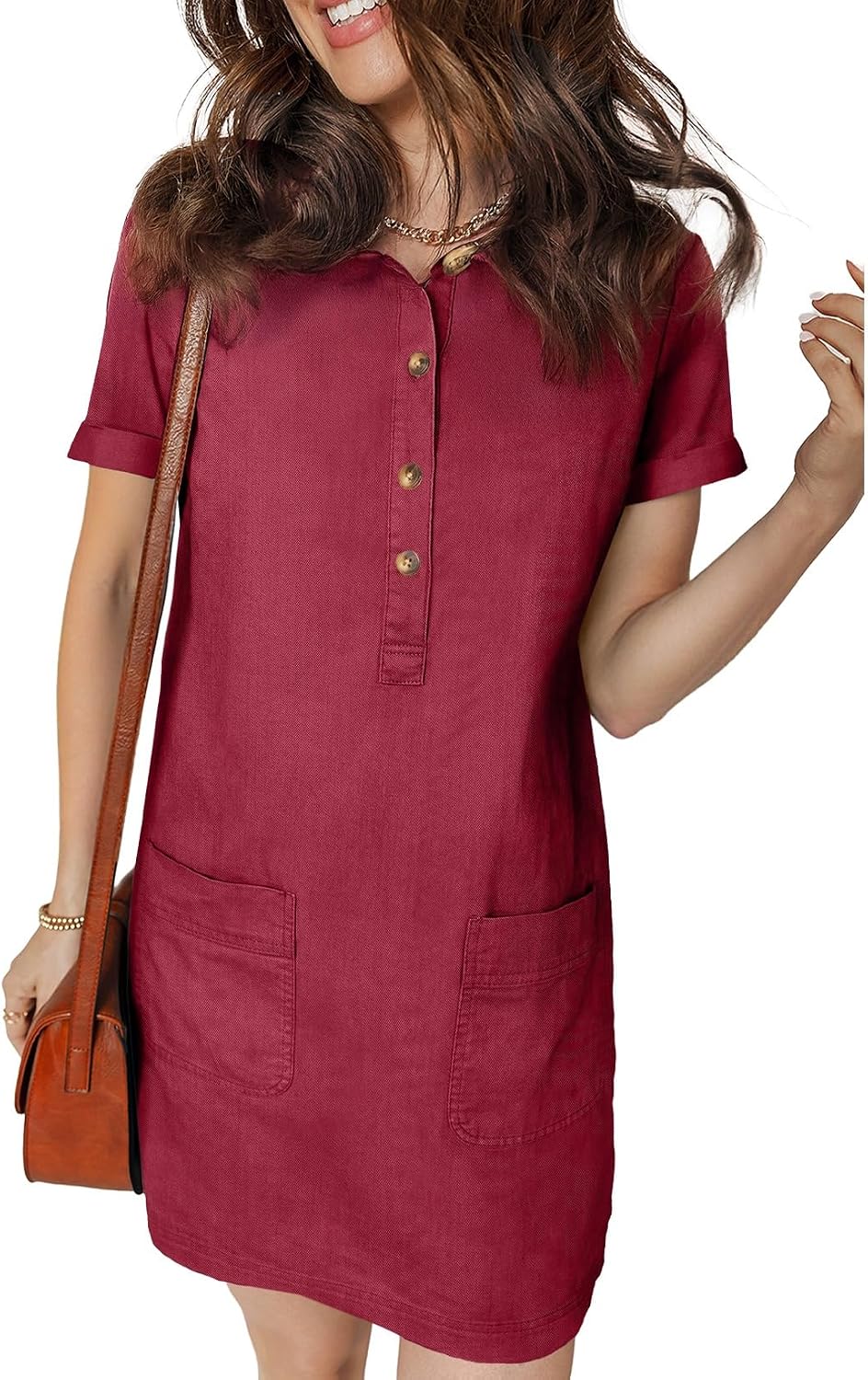 Sidefeel Womens Denim Dress Casual A Line Trendy Mini Jean Dress | Lapel Collar, Partial Button Placket, Short Cuffed Sleeves, Patch Pockets, Above Knee, Trendy Lightweight Summer Shirt Dress