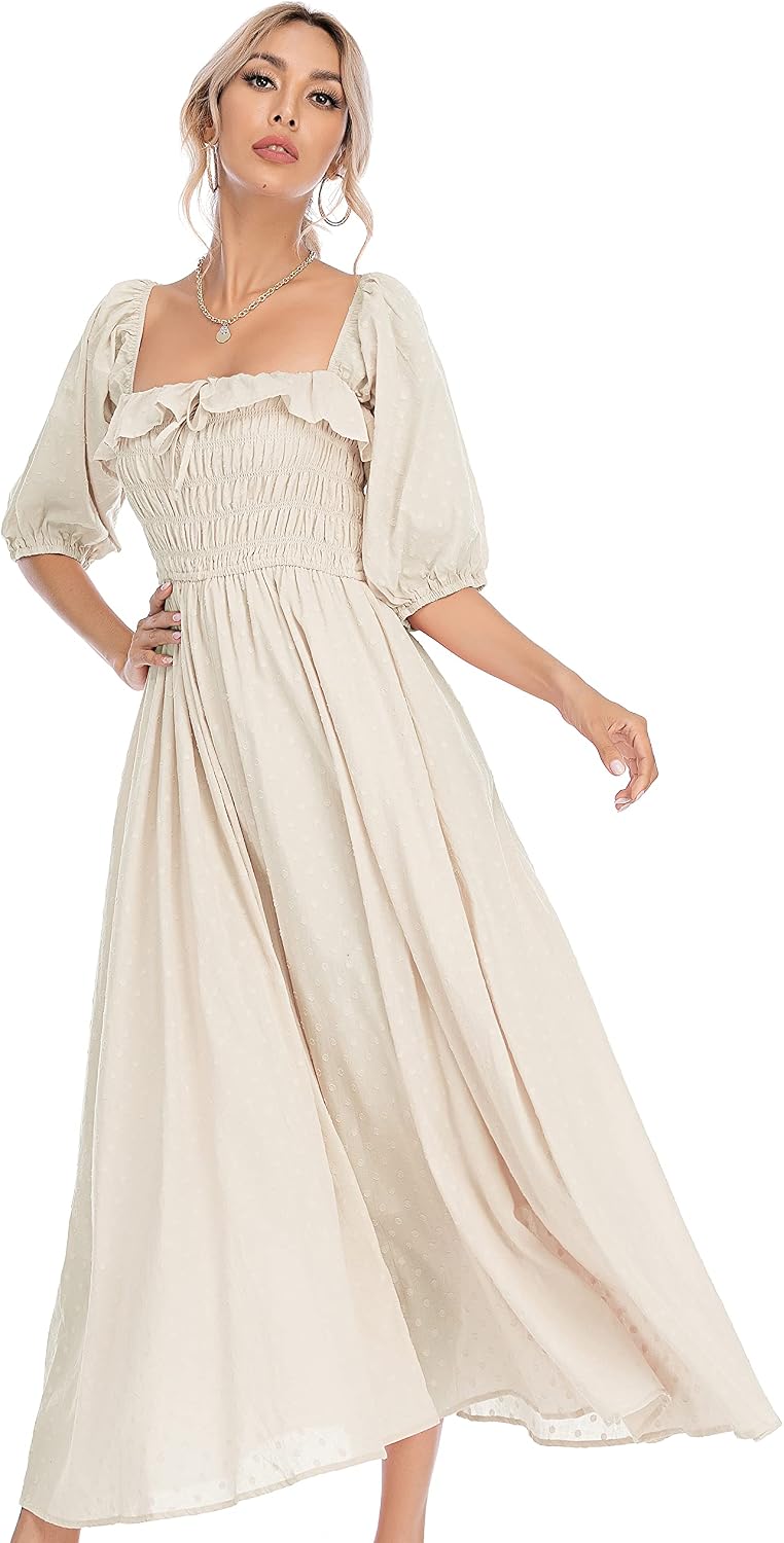 R.Vivimos Women Summer Cotton A Line Flowy Long Dresses | Half Sleeve, Ruffled, Vintage Elegant, Smocked Backless Dress, Maternity Shoot, Baby Shower, Casual Vacation Outfits