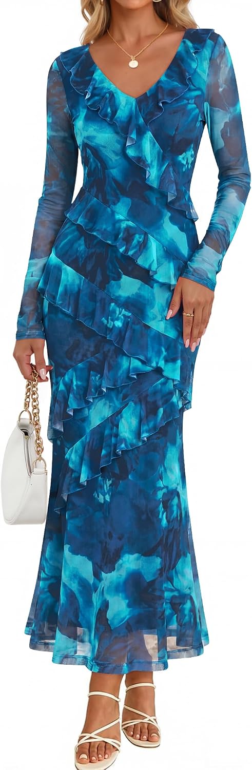 ZESICA Wedding Guest Dresses for Women Fall Long Sleeve Floral Maxi Dress | 2026 Early Fall Fashion, Bodycon, V Neck, Mesh Fabric, Tiered Ruffle, Boho Long Dress, Baby Shower, Cocktail, Bridal Dress