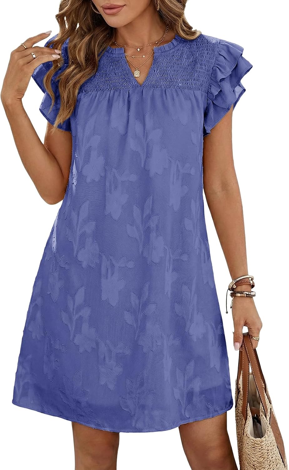 Dokotoo Womens Summer Dresses 2026 Ruffle Short Sleeve Casual V Neck Smocked Floral Burnout Mini Dress Sundress