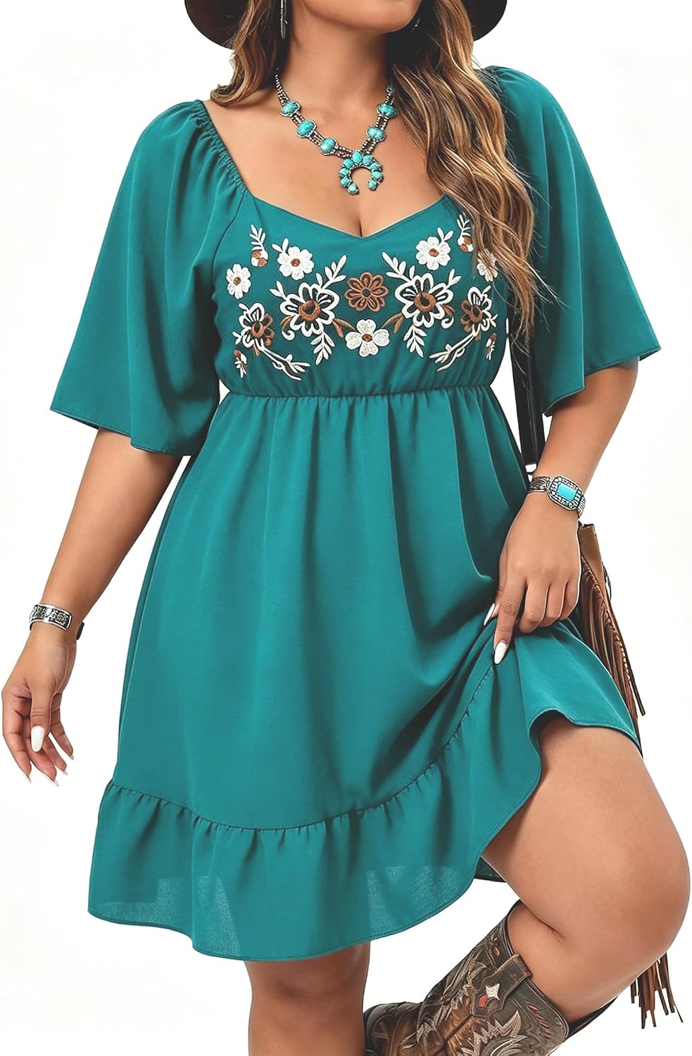 UpFind Western Flowy Boho Embroidered Dress Country Concert Cowgirl Outfits | Ruffle, A Line, Midi, Summer, Casual, Above the Knee, Short Dress, 9 types of patterns, Vacations, Festivals, Weddings