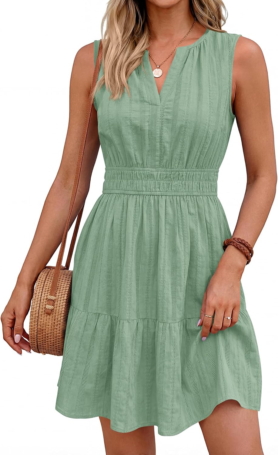 BTFBM Womens Summer 2026 Casual Mini Sundress | Lightweight Sleeveless V Neck,Elastic Waist Flowy A Line Dress,Wedding Guest Dresses Pockets,Cute Boho Beach Vacation Outfits