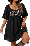 UpFind Western Flowy Boho Embroidered Dress Country Concert Cowgirl Outfits | Ruffle, A Line, Midi, Summer, Casual, Above the Knee, Short Dress, 9 types of patterns, Vacations, Festivals, Weddings