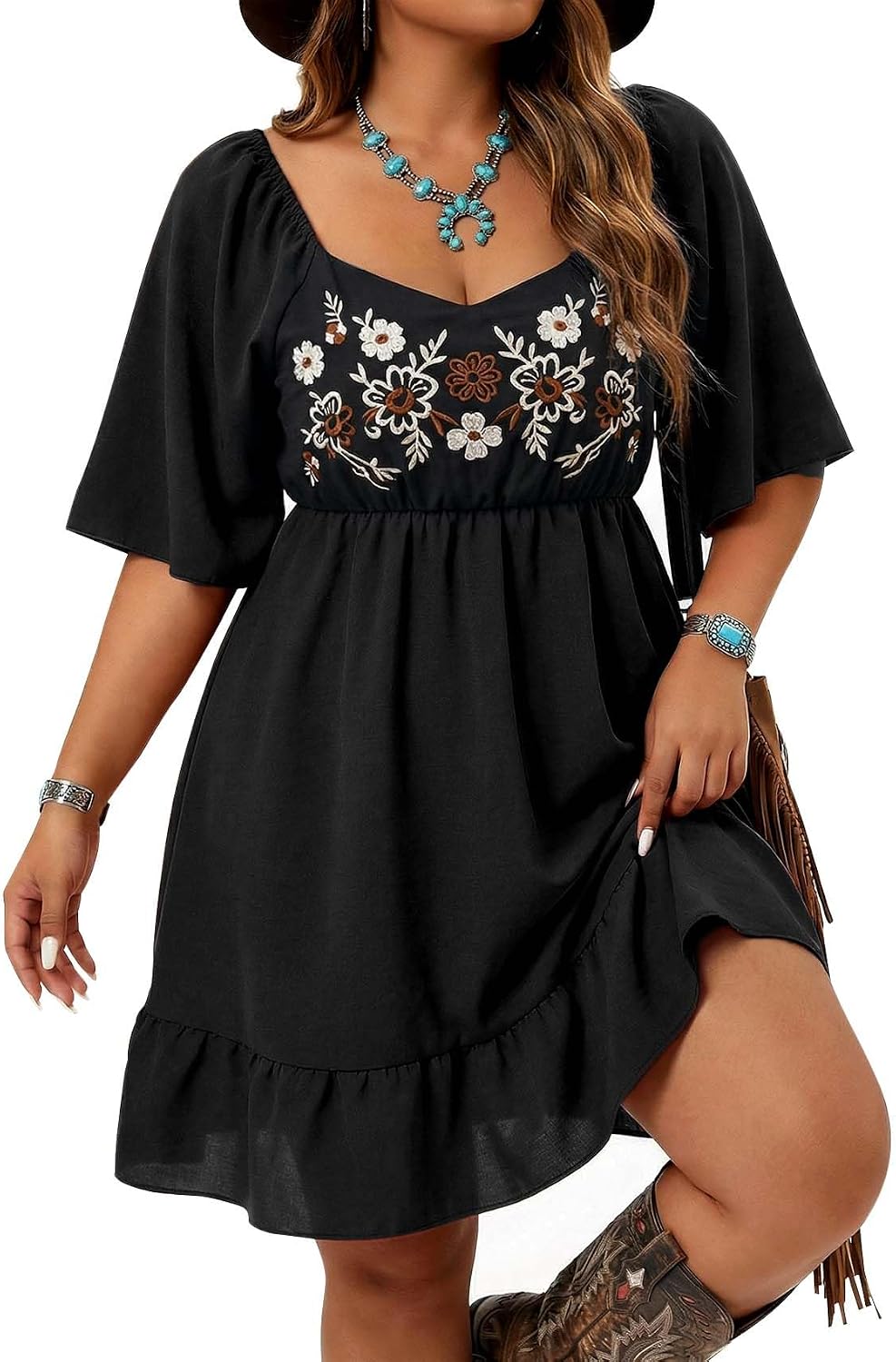 UpFind Western Flowy Boho Embroidered Dress Country Concert Cowgirl Outfits | Ruffle, A Line, Midi, Summer, Casual, Above the Knee, Short Dress, 9 types of patterns, Vacations, Festivals, Weddings