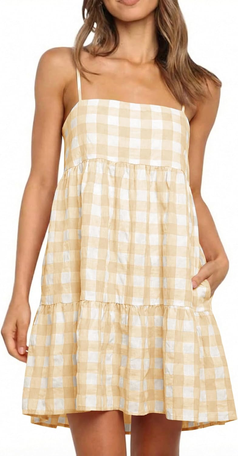 Wenrine Womens Summer Plaid Mini Dress Spaghetti Strap Beach Sundress | Sleeveless,Casual,Gingham Y2K,A Line,Maternity,Vacation,Country Concert,Short Dresses with Pockets