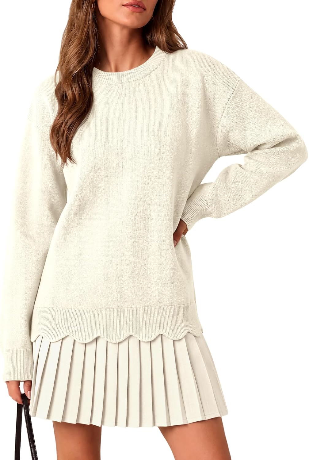 Saodimallsu Womens Pleated Sweater Dress Long Sleeve Crewneck Trendy Cute Loose Knit Fall Mini Dresses