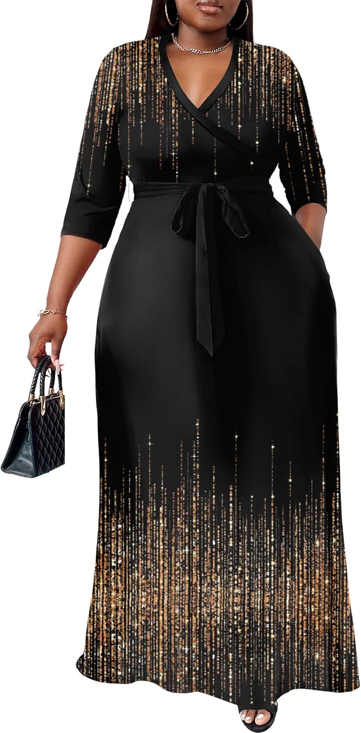 Nmoder Plus Size Maxi Dresses for Curvy Women -Summer Casual Long Fit Dress | Semi Formal, 3\/4 Sleeve V-Neck Flowy Dress, With Pockets And Belt, XL- 6XL