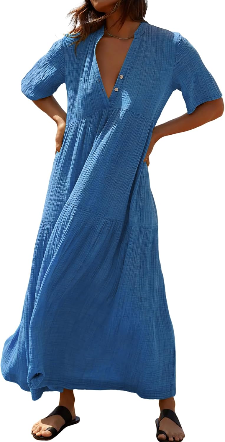 R.Vivimos Womens Summer Cotton Casual Flowy Maxi Dress | Short Sleeve, V Neck, Empire Waist, Boho Tiered Ruffle, Beach Vacation Loose Long Dresses