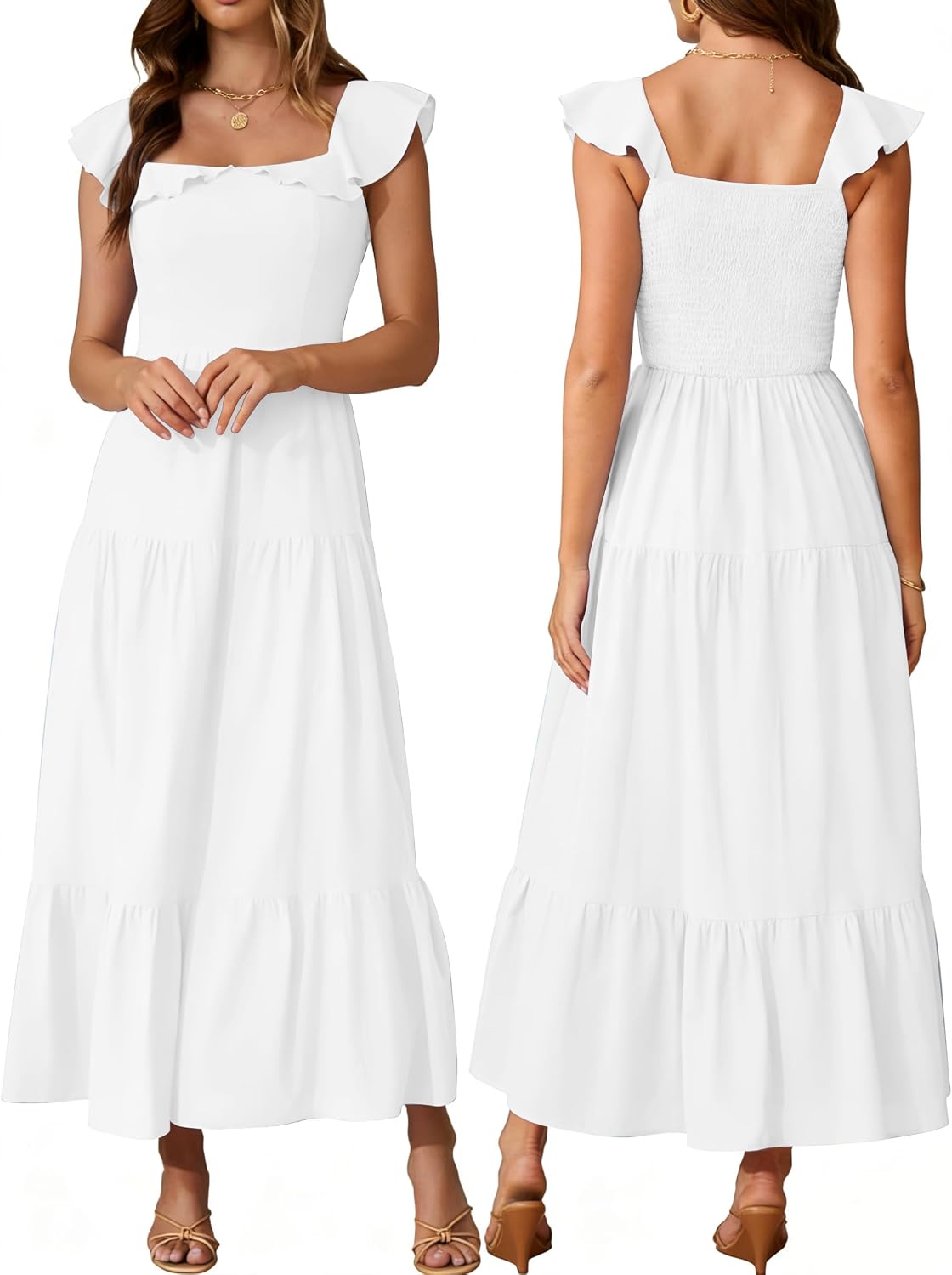 AUMORA Womens Summer Sleeveless Maxi Dress Square Neck | Smocked Backless, Ruffle Boho Flowy, A-Line Beach Dress, Vacation Resort Wear Outfits