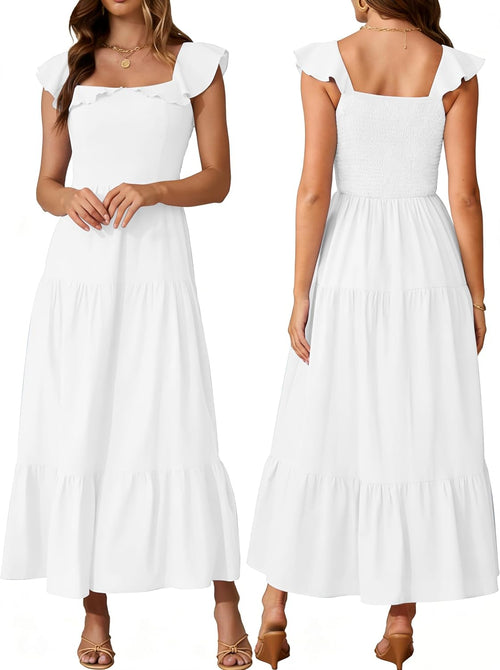 AUMORA Womens Summer Sleeveless Maxi Dress Square Neck | Smocked Backless, Ruffle Boho Flowy, A-Line Beach Dress, Vacation Resort Wear Outfits