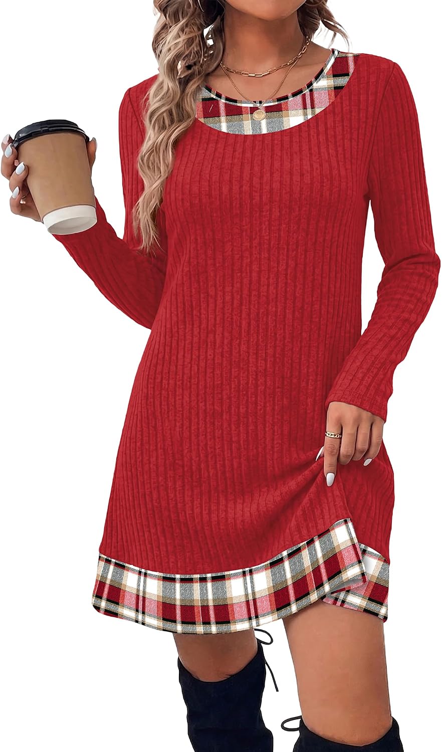 OFEEFAN Fall Dresses for Women 2026 Long Sleeve Sweater Dress Color Block | Side Pockets, Ribbed, Lightweight, Winter Clothing, Loose Fit