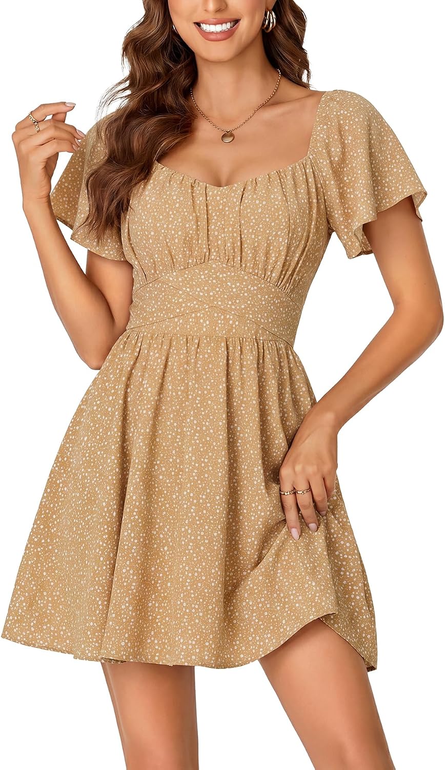 Rooscier Women's Tie Back Short Sleeve Mini Dress | Square Neck Wrap Ruffle Sleeve Flare Dresses