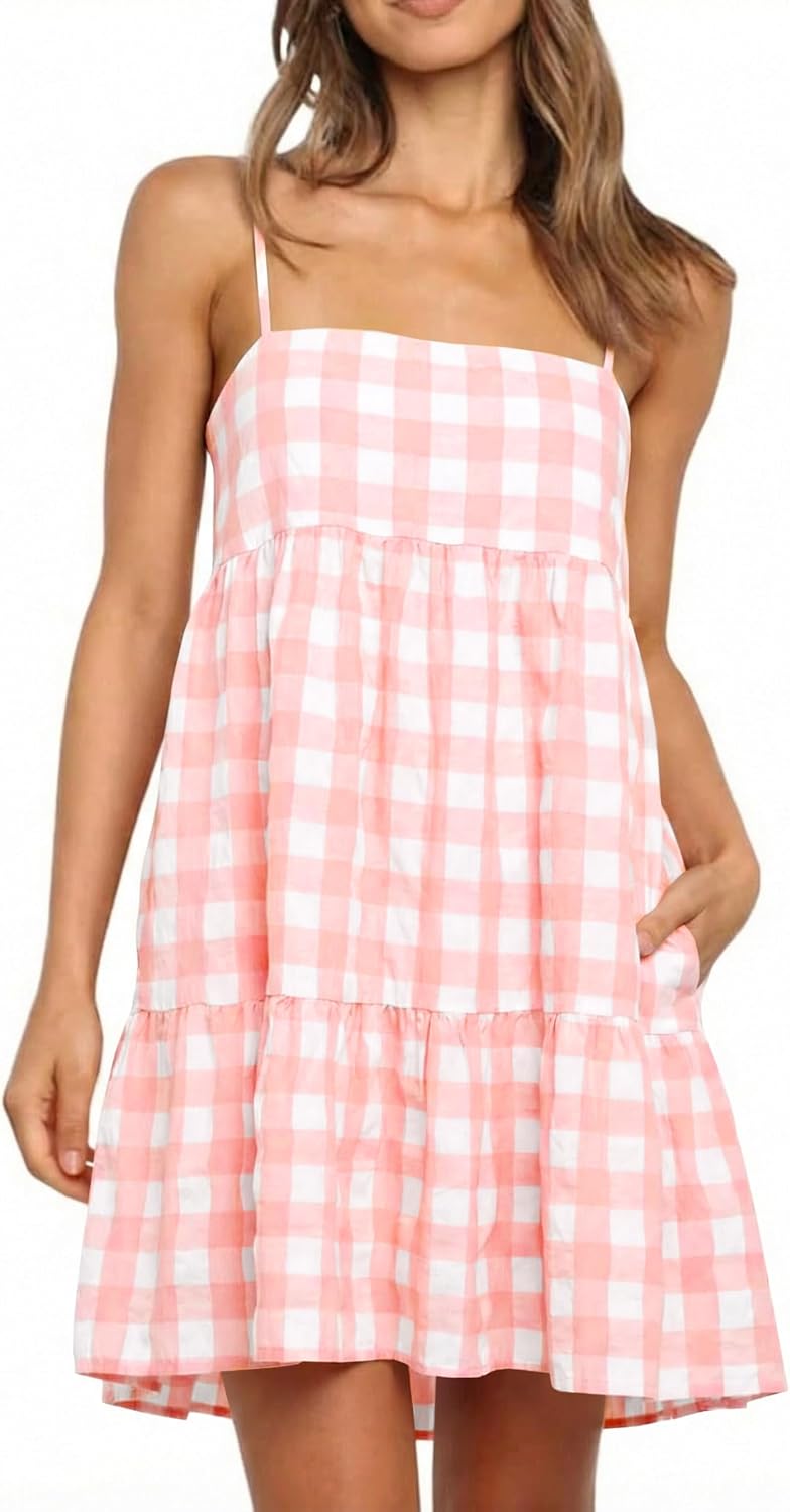 Wenrine Womens Summer Plaid Mini Dress Spaghetti Strap Beach Sundress | Sleeveless,Casual,Gingham Y2K,A Line,Maternity,Vacation,Country Concert,Short Dresses with Pockets