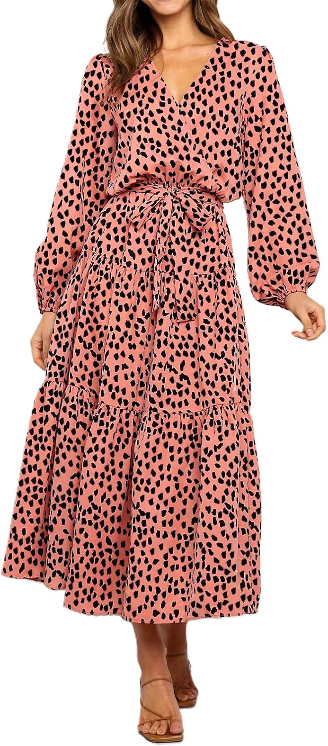 PRETTYGARDEN Womens Long Sleeve Boho Floral Wrap Maxi Dress | Fall Wedding Guest Dresses 2026, Chiffon Flowy Long Dresses, Casual Tie Waist V Neck Dress, Modest A Line Ruffle Tiered Dress