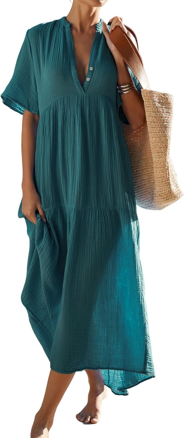 R.Vivimos Womens Summer Cotton Casual Flowy Maxi Dress | Short Sleeve, V Neck, Empire Waist, Boho Tiered Ruffle, Beach Vacation Loose Long Dresses