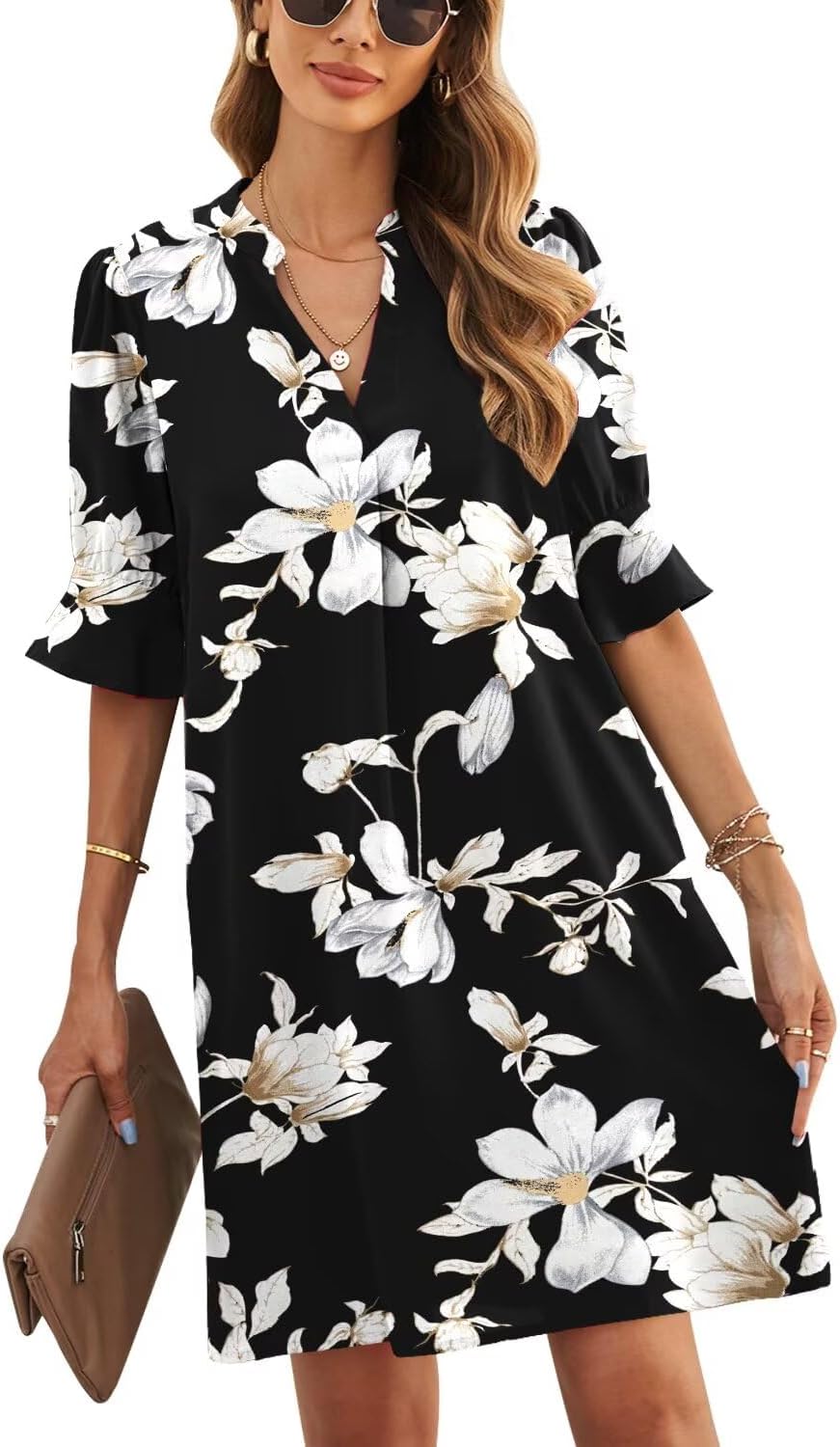 JOCAFIYE Womens Dresses Summer 2026 V-Neck Short Sleeve Dress Shift Dress | Ruffle Short Sleeve, V Neck,Shift Dresses, Floral Print,Mini Short Casual Dress for Graduation Party Date Night Teacher