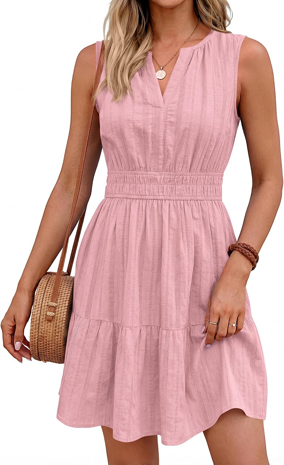 BTFBM Womens Summer 2026 Casual Mini Sundress | Lightweight Sleeveless V Neck,Elastic Waist Flowy A Line Dress,Wedding Guest Dresses Pockets,Cute Boho Beach Vacation Outfits