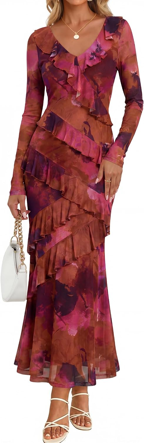 ZESICA Wedding Guest Dresses for Women Fall Long Sleeve Floral Maxi Dress | 2026 Early Fall Fashion, Bodycon, V Neck, Mesh Fabric, Tiered Ruffle, Boho Long Dress, Baby Shower, Cocktail, Bridal Dress
