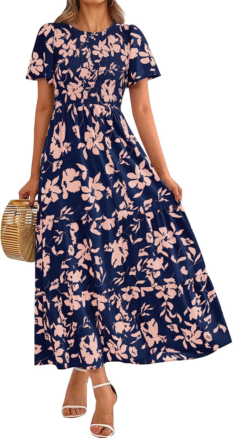 PRETTYGARDEN Women's 2026 Summer Casual Flutter Sleeve Floral Maxi Dress | Crew Neck Short Sleeve Dress, Smocked Top High Waisted Wedding Guest Dresses for Women, Tiered Hem Flowy Boho Long Dresses