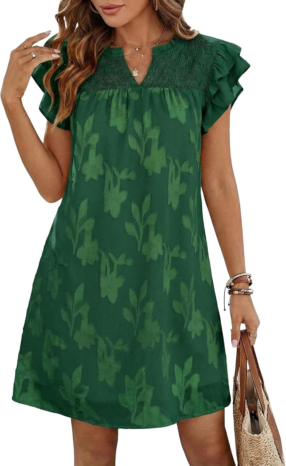 Dokotoo Womens Summer Dresses 2026 Ruffle Short Sleeve Casual V Neck Smocked Floral Burnout Mini Dress Sundress