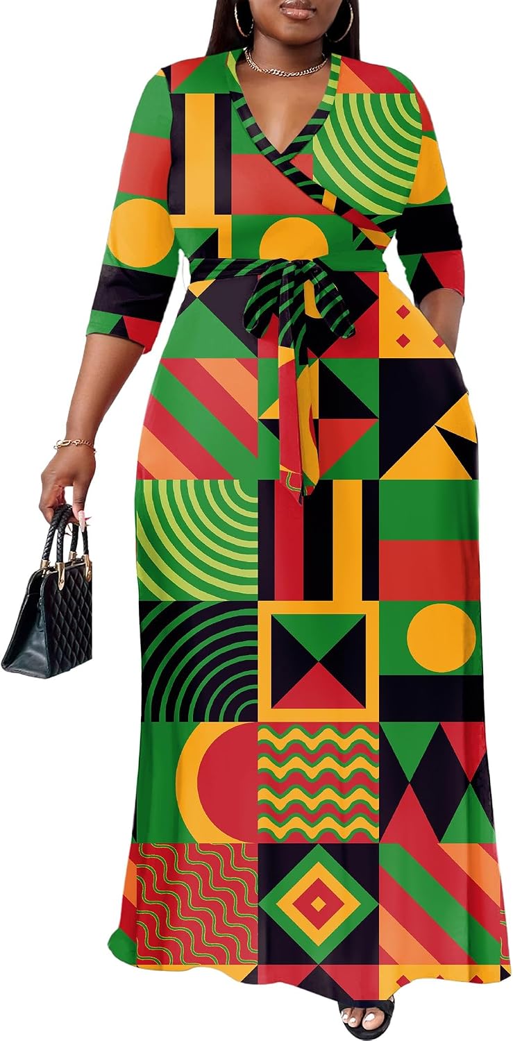 Nmoder Plus Size Maxi Dresses for Curvy Women -Summer Casual Long Fit Dress | Semi Formal, 3\/4 Sleeve V-Neck Flowy Dress, With Pockets And Belt, XL- 6XL