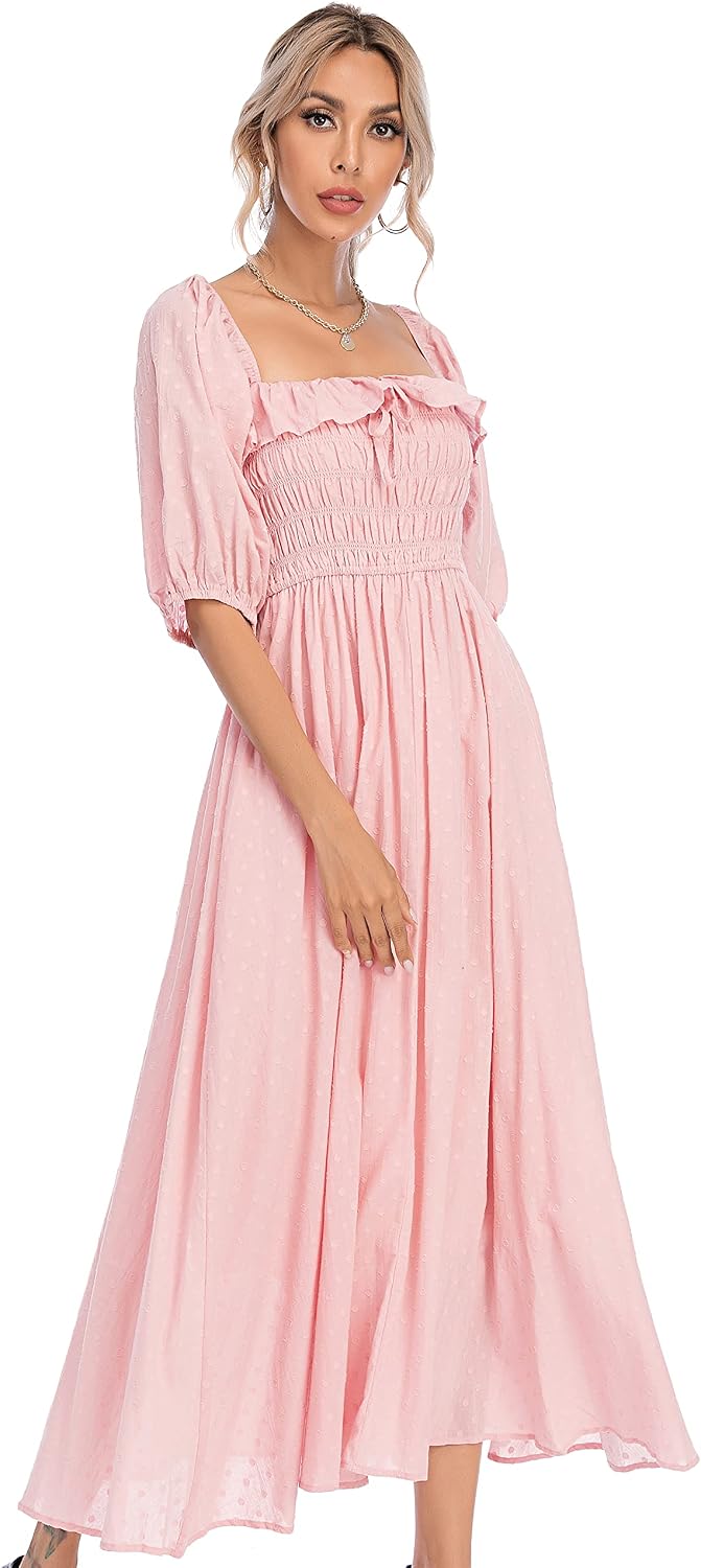R.Vivimos Women Summer Cotton A Line Flowy Long Dresses | Half Sleeve, Ruffled, Vintage Elegant, Smocked Backless Dress, Maternity Shoot, Baby Shower, Casual Vacation Outfits