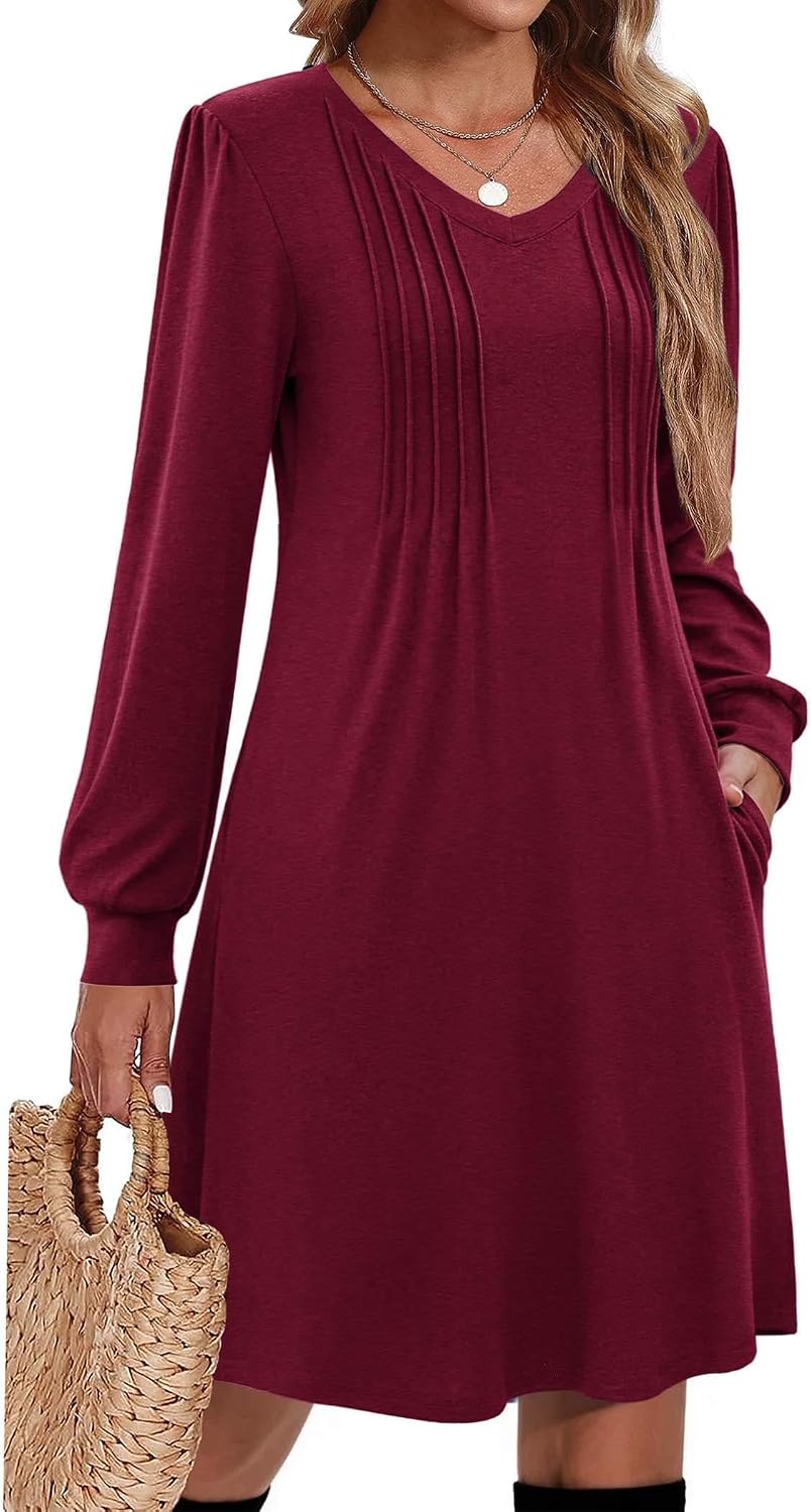 Zeagoo Fall Dresses for Women Long Sleeve Casual Pleated V Neck Dress 2026 A Line Tunic Dress