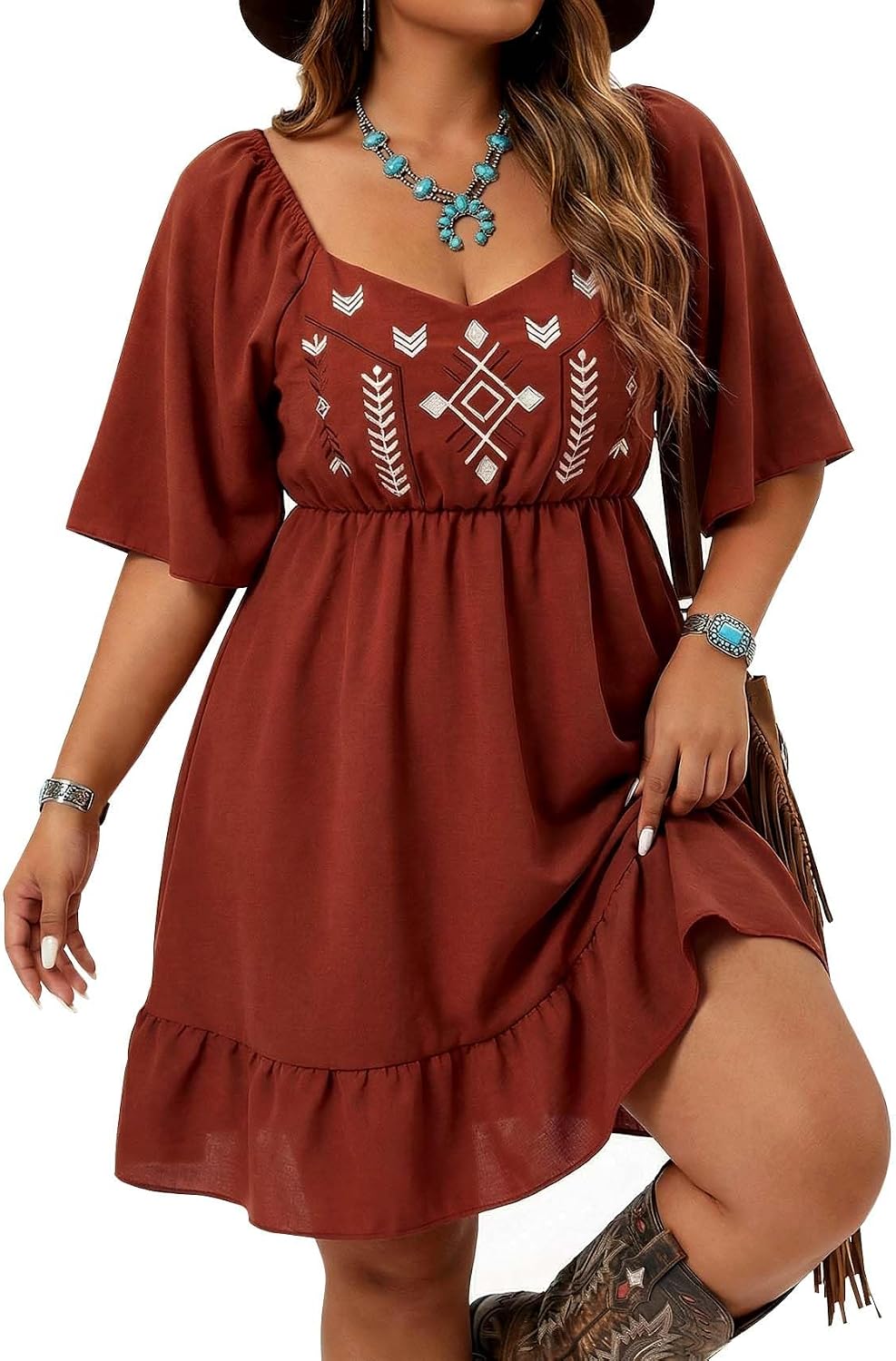 UpFind Western Flowy Boho Embroidered Dress Country Concert Cowgirl Outfits | Ruffle, A Line, Midi, Summer, Casual, Above the Knee, Short Dress, 9 types of patterns, Vacations, Festivals, Weddings