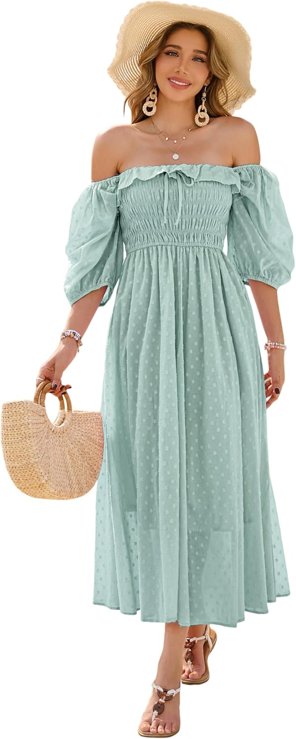 R.Vivimos Women Summer Cotton A Line Flowy Long Dresses | Half Sleeve, Ruffled, Vintage Elegant, Smocked Backless Dress, Maternity Shoot, Baby Shower, Casual Vacation Outfits